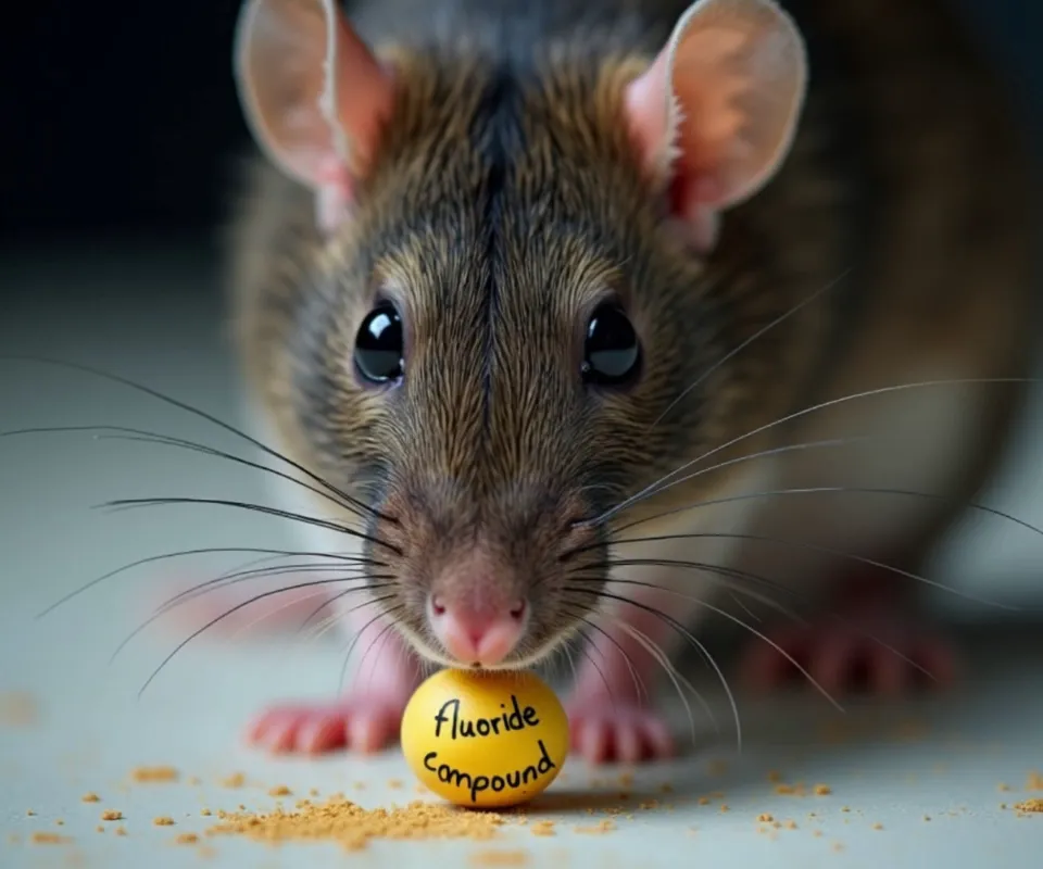 Lab Rat Close-up with Fluoride Bait - A close-up, high-contrast image of a laboratory rat hunched over a bait pellet that is distinctly marked with 'fluoride compound', highlighting the texture of the rat’s face and the clarity of the labeled bait. - AI video generated with Kling 2.1 Standard