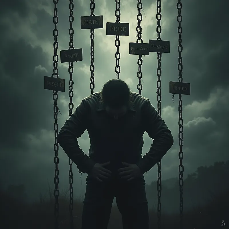 Labeled Chains of the Mind - A surreal image showing a silhouette figure hunched over, with massive chains descending from the darkness above. Each chain wraps around the figure and bears a heavy iron plate inscribed with one of the labels: 'Hate,' 'Pride,' 'Resentment,' 'Anger,' 'Unforgiving.' The background swirls with stormy clouds, amplifying the atmosphere of oppression. - AI image generated with Photorealistic 2