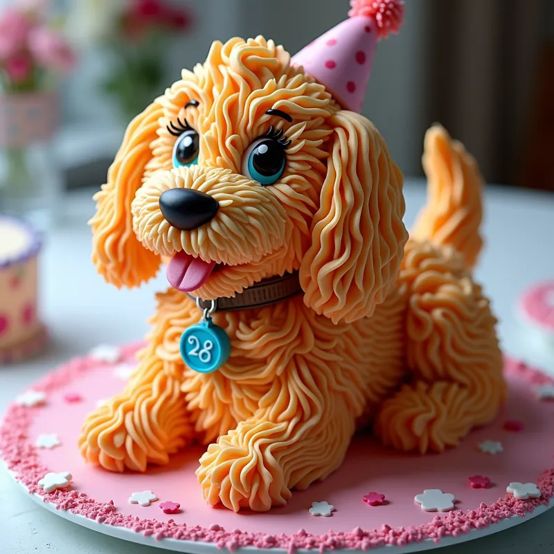Labradoodle Birthday Extravaganza - Happy Birthday Lori…..Love you. big cake shaped like labododdle dog  - AI image generated with Photorealistic 2 - colorful, photorealistic
