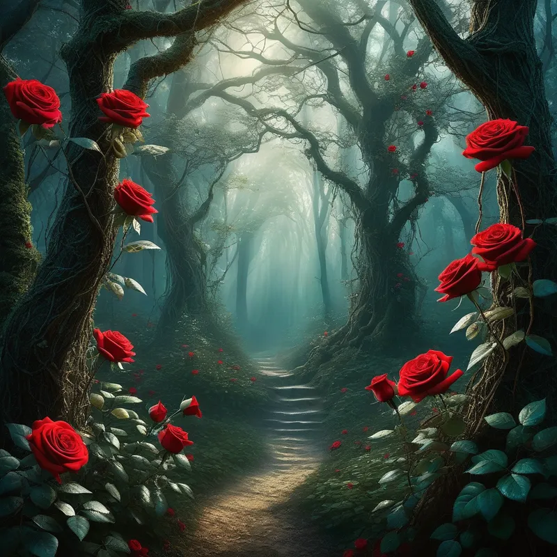 Lace and Red Rose Enchanted Realm - A mystical scene of an ethereal forest where delicate lace hangs between the branches of trees, and red roses bloom profusely. A sense of ancient magic permeates the air. - AI image generated with Fictional - fantasy art
