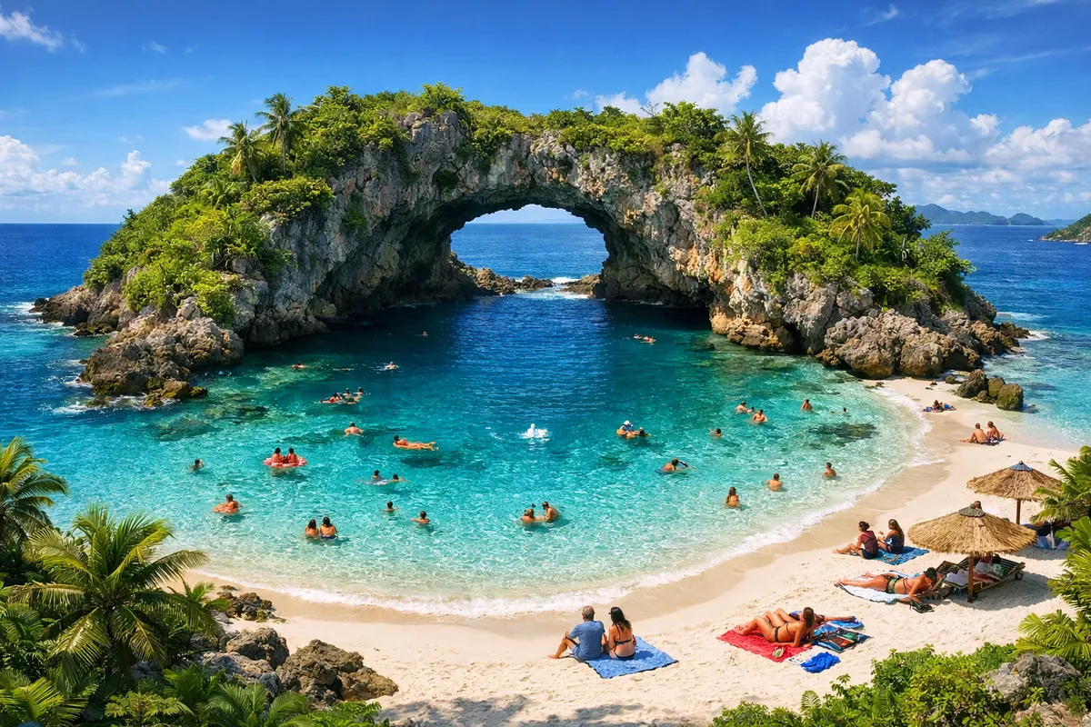 Lagoon Island Retreat - An enchanting tropical island with a prominent hole in the center, forming a sparkling lagoon. Swimmers relax and lay by the sun on the white sandy beach, the clear blue sea surrounding the island and lush vegetation providing touches of green. - AI image generated with GPT Image