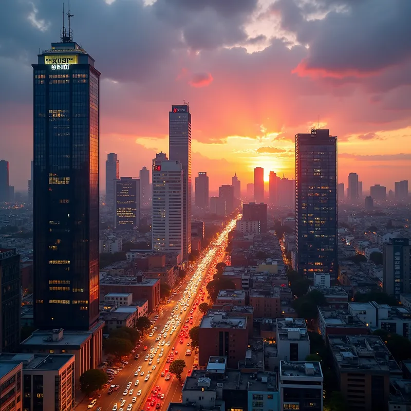 Lagos Skyline at Sunset - A stunning image of the Lagos skyline at sunset, with tall buildings and busy streets illuminated under a colorful sky. The city's vibrancy and energy captured perfectly for an e-commerce retail business proposal. - AI image generated with Photorealistic 2