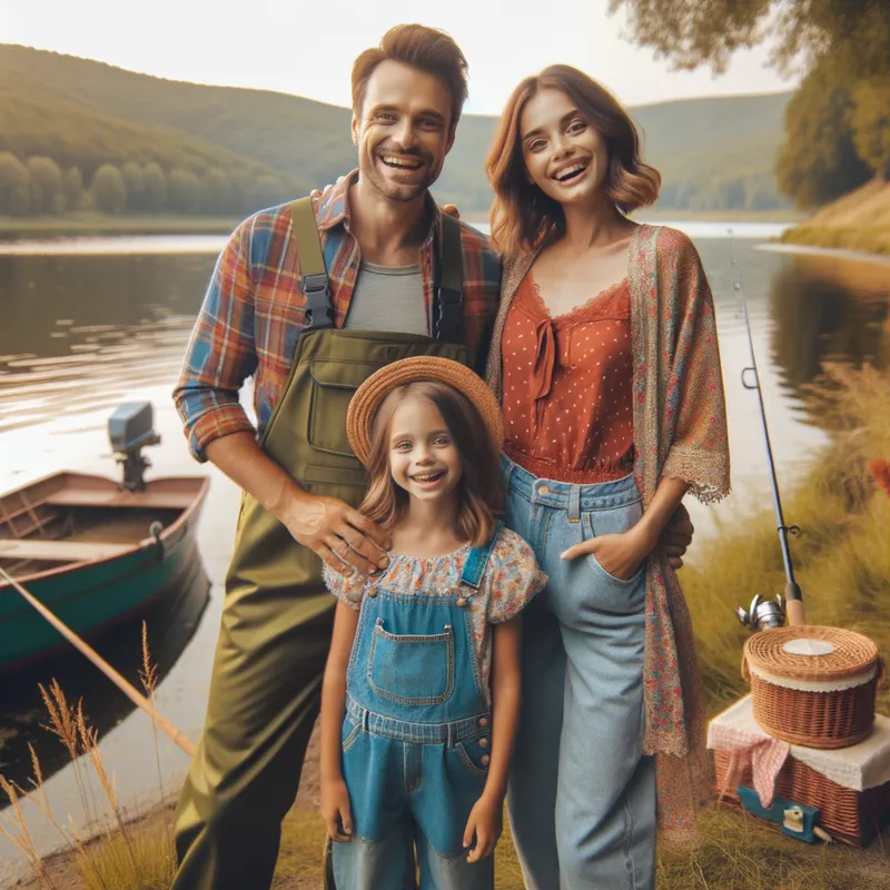 Lakeside Family Bonding - A picturesque moment of a young girl and her parents standing together by a lake. They are in colorful fishing outfits, laughing and enjoying their time together, with a boat in the background. - AI image generated with Art