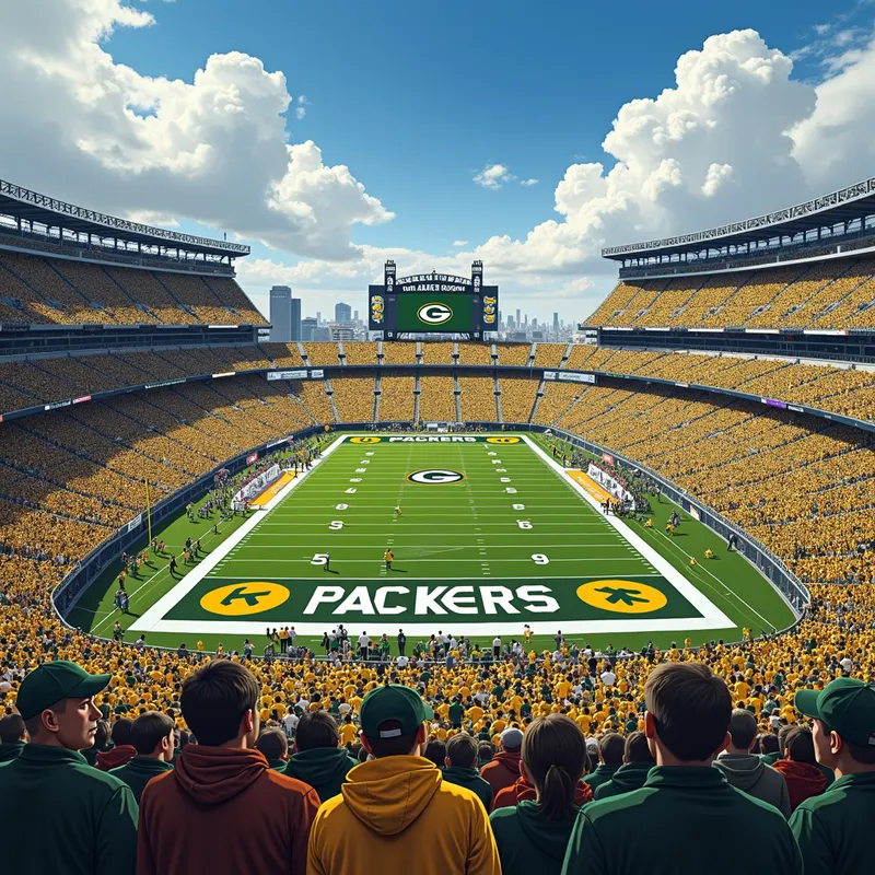 Lambeau Field Glory - A panoramic view of Lambeau Field packed with Green Bay Packers fans, the iconic player statues at the entrance, and the team's colors prominently displayed throughout the stadium. - AI image generated with Photorealistic 2 - oil art