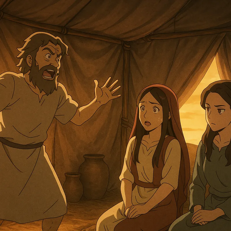 Lamech's Lamentation - Anime image set in a rustic tent interior, Lamech animatedly waving his arms as he rants to his two wives seated before him. The wives look on, one in shock, one with a small frown, while the setting sun casts a dramatic light through the tent’s entrance. - AI image generated with GPT Image
