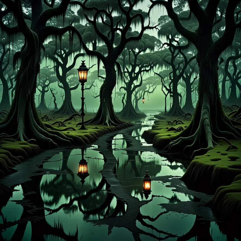 Lantern Marsh Causeway - A cursed road of cracked stone winding through a dense swamp at dusk, surrounded by twisted cypress trees, hanging moss, black water, drifting green fog, and eerie lantern light reflecting in the flooded path, dark fantasy atmosphere, cinematic, highly detailed - AI image generated with Fictional