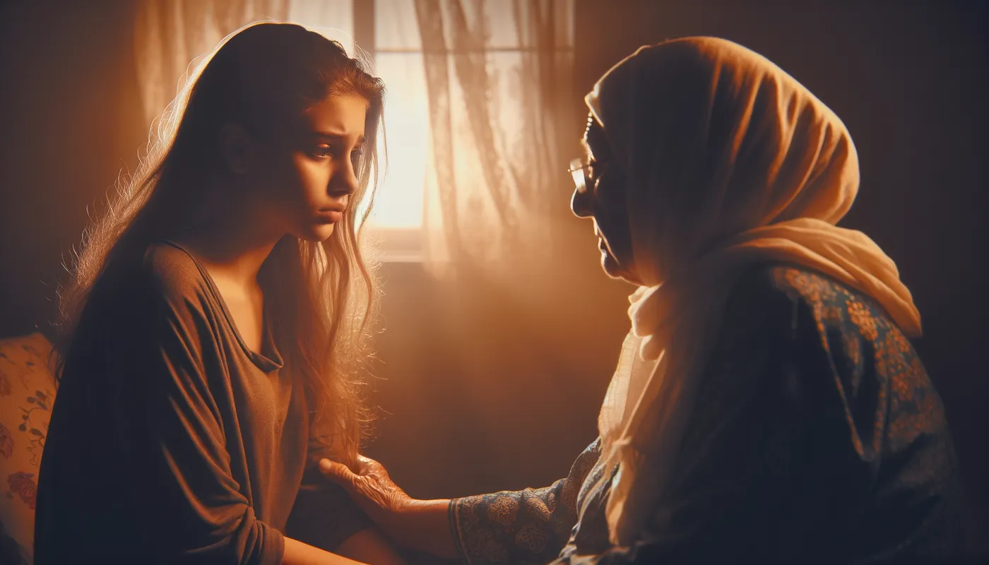 Last Goodbye - Surrounded by the warm glow of a nostalgic room, a young girl speaks to her elderly mother. The air is thick with sadness and love as they share one final conversation after the mother's passing. - AI image generated with Art