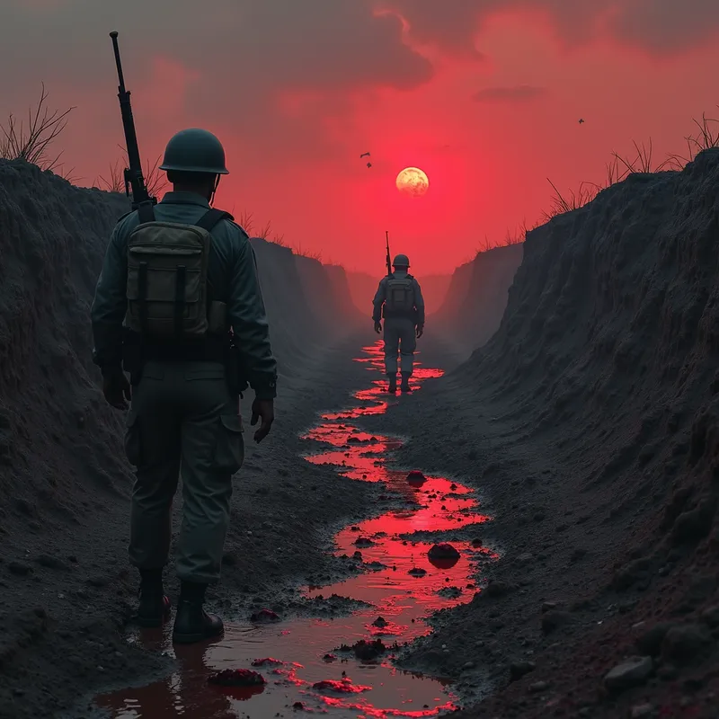 Last Stand in the Trenches - In the trenches of a war-torn landscape, a small group of soldiers makes their last stand against waves of attacking zombies. The ground is muddy and soaked with blood, while the sky is a haunting, dark red. - AI image generated with Photorealistic 2