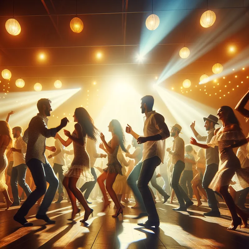 Latin Party - A lively party scene with people dancing cumbia latino under bright lights. The image captures the spirited movements of dancers and the inspiring atmosphere of communal joy. - AI image generated with Art