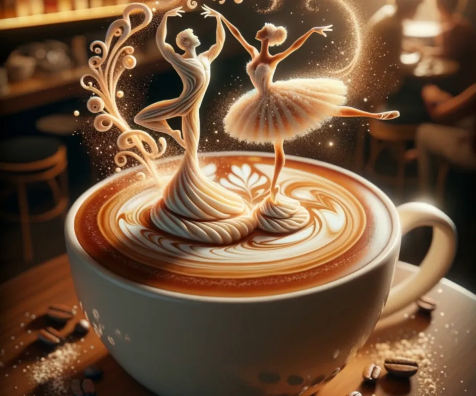 Latte Art Ballet Dance - A mesmerizing video capturing a coffee mug holding a latte with intricate latte art. From the latte art emerge two ballet dancers, one depicted as cream and the other as coffee, swirling and intertwining gracefully as they perform. Splashes of cream and coffee artistically fly off them, set against the backdrop of a cozy coffee shop. The scene is shot with a macro lens to highlight the details, enveloped in warm lighting for a 3D, HD visual experience. - AI video generated with Lite
