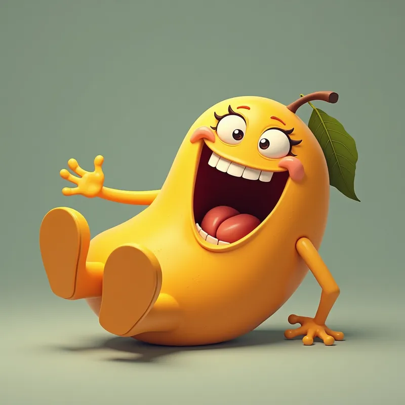 Laughing Mango - A mango with a hilarious facial expression, laughing and rolling on the ground. The mango has cartoonish eyes and a wide open mouth, showing its teeth. - AI image generated with Photorealistic 2