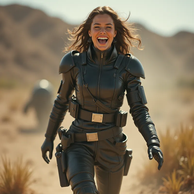 Laughing Space Captain - A sci-fi female military leader reminiscent of Star Wars, clad in high black leather boots, stomping with joy, her face alight with laughter as her booted foot looms large in the foreground. - AI image generated with Photorealistic 2