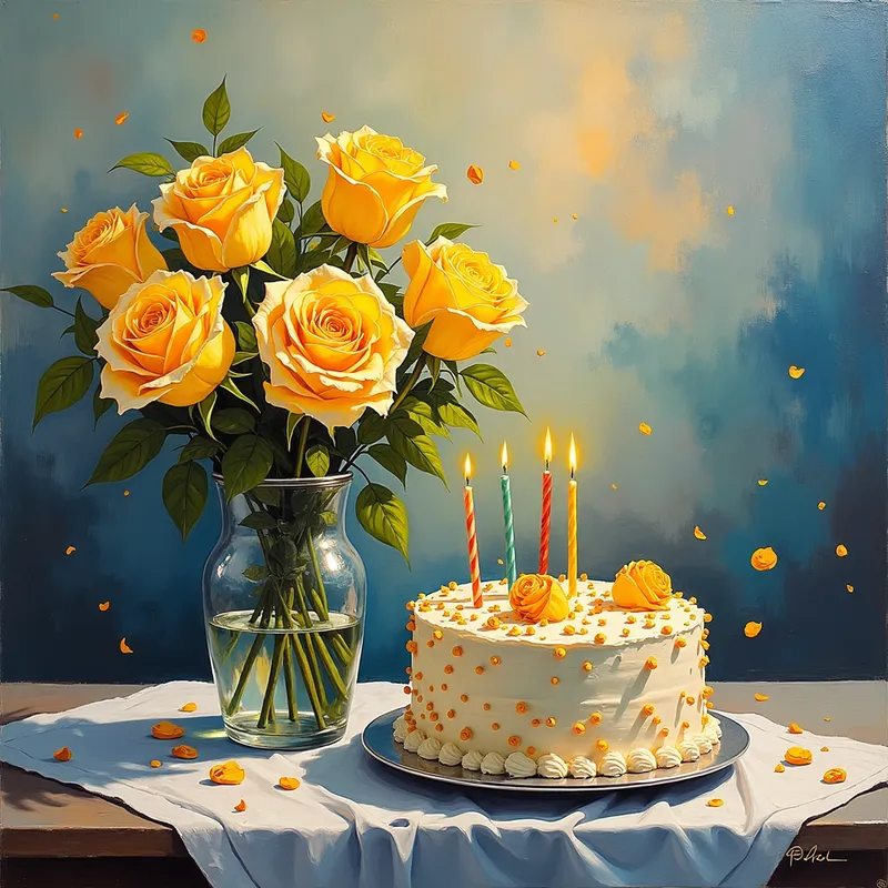 Laura' Birthday Bloom - Happy Birthday Laura
Yellow roses and birthday cake - AI image generated with Photorealistic 2 - oil painting with palette knife, colorful