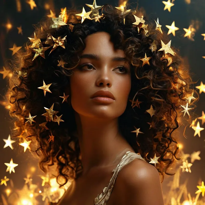 Laurel-Headed Goddess - diosa laurel 2 estrellas es su pelo rizado con fondo difuminado - AI image generated with Nova Canvas