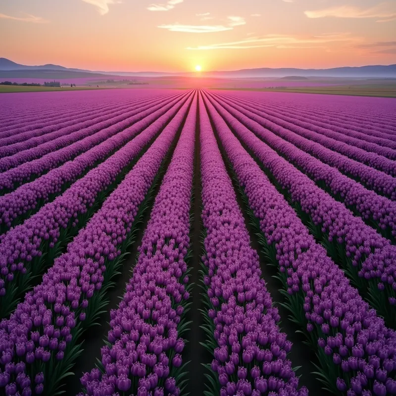 Lavender Horizon - An aerial view of an enormous field covered in purple tulips, creating a mesmerizing pattern of lavender extending to the horizon. The sky is a gradient of warm colors from the setting sun. - AI image generated with Photorealistic 2