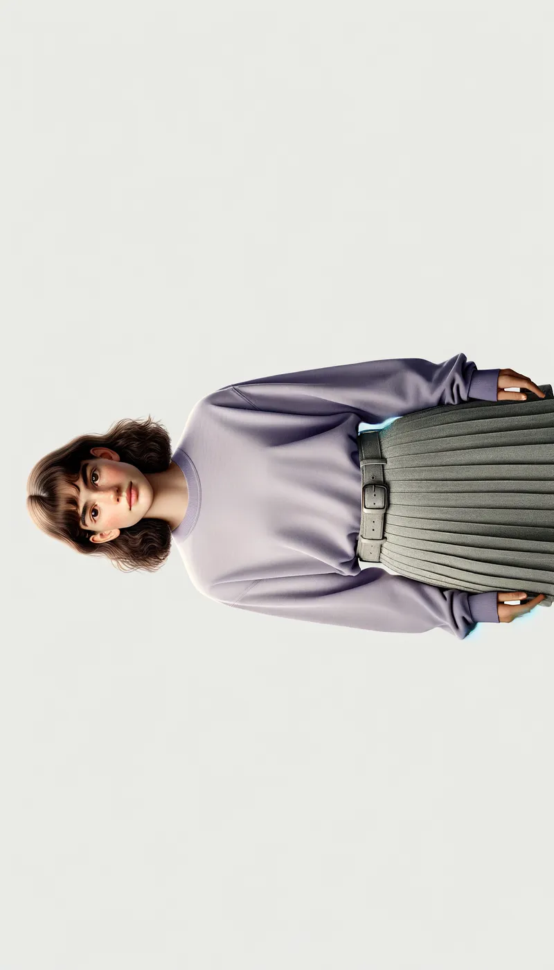 Lavender Transition - Representing a 19 year-old caucasian teenager with 2.5 inch long brown hair and brown eyes, just starting the transition to female. They are dressed in a lightweight pale lavender long sleeve crewneck that fits well and a high-waisted pleated mini skirt in grey. The overall appearance is slightly academic with an Avril-in-a-library feel. - AI image generated with Art