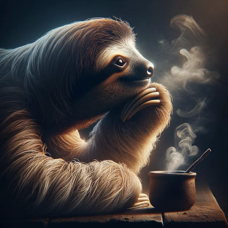 Lazy Puffs - A solitary sloth, lost in thought, gently exhaling a stream of smoke in a high-resolution digital art style. - AI image generated with Art - high resolution digital art style