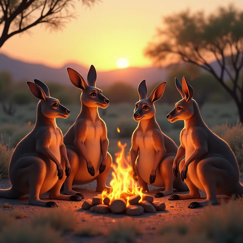 Lazy Sundown Gatherings - Muscular kangaroos sporting thick diapers relaxing together around a campfire as the sun sets, with some lying back and others engaging in lighthearted conversation. - AI image generated with Photorealistic 2
