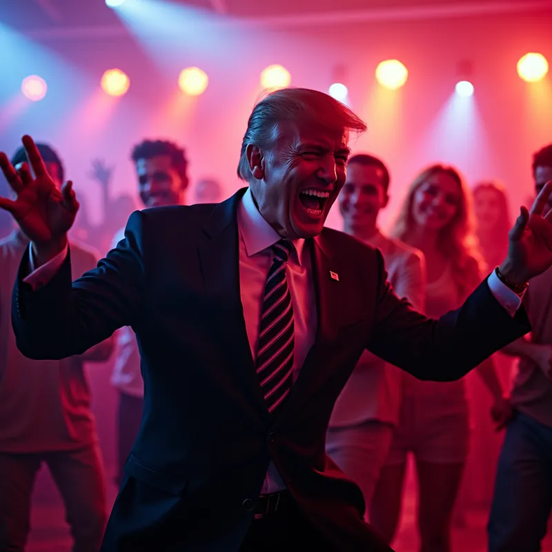 Leader's Night Out - An unexpected scene where the president is fully engaged in an intense perreo dance, creating a lively and joyful vibe in a club full of neon lights and upbeat music. - AI image generated with Photorealistic 2