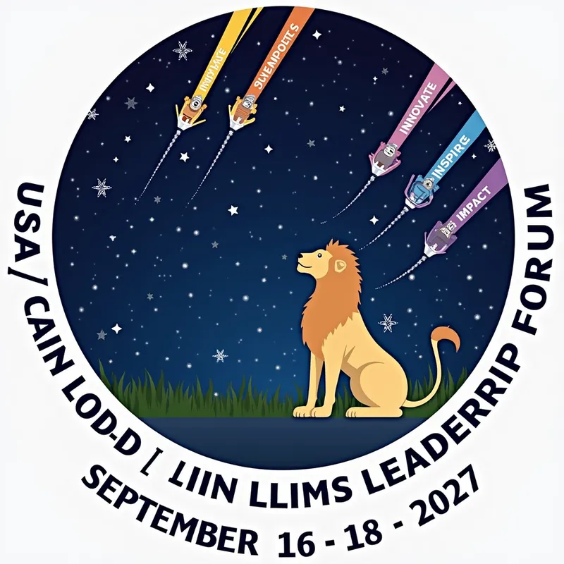 Leadership Forum Logo - A distinguished looking lion sits and looks up at a dramatic night sky full of stars. Comets with 'Innovate', 'Inspire', and 'Impact' glide through the sky. The logo includes the phrases 'USA/Canada Lions Leadership Forum' and 'Huntsville, Alabama' along with the dates 'September 16 - 18, 2027'. - AI image generated with Text