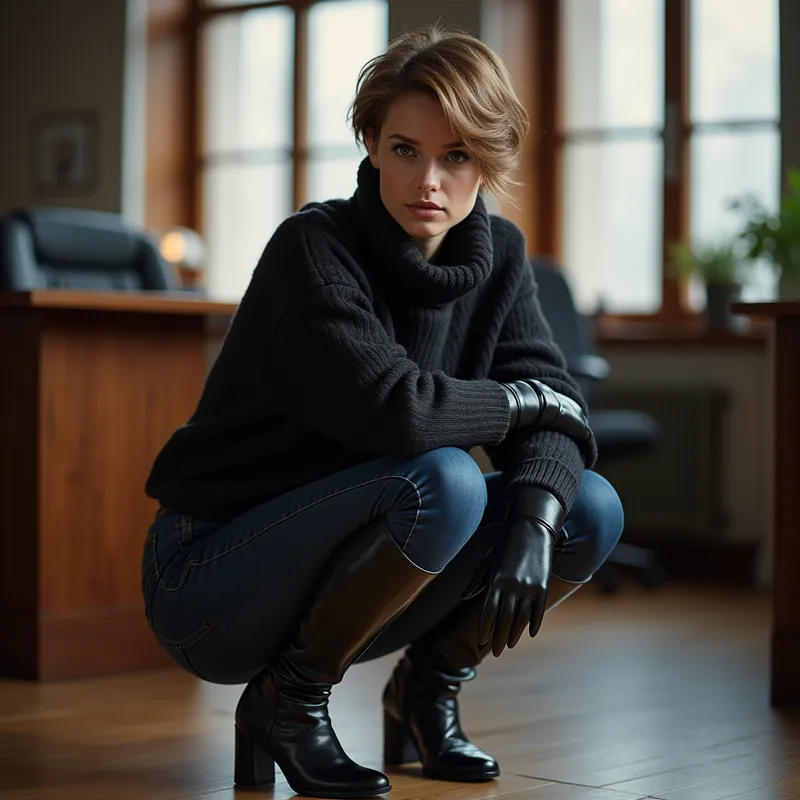 Leather Boots and Contempt - An attractive, short-haired Russian girl dressed in a thick wool sweater, tight jeans, and luxurious black leather gloves crouches in an office setting. Her long, straight, shiny equestrian boots are on full display as she looks down at you with a chilling look of disdain, dominating the scene with her presence. - AI image generated with Photorealistic 2