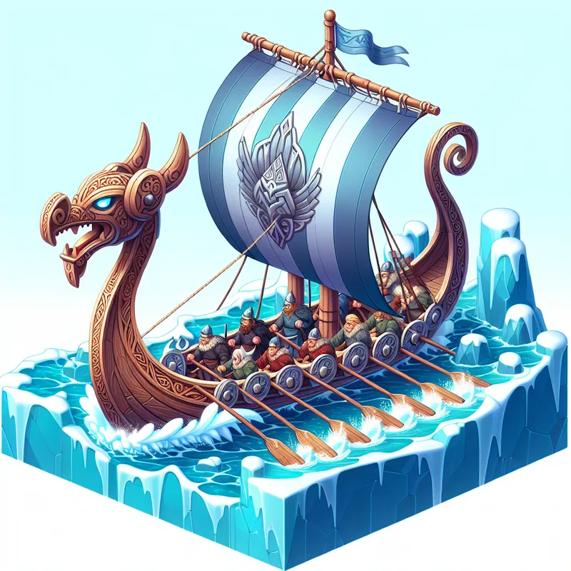 Legendary Longship - Render an intricately carved Viking longship with dragon-headed prow cutting through icy blue waters. The ship's sails billow with wind, showcasing the iconography of Odin’s raven. Viking warriors maneuver the oars as they head towards an unknown adventure. - cartoony