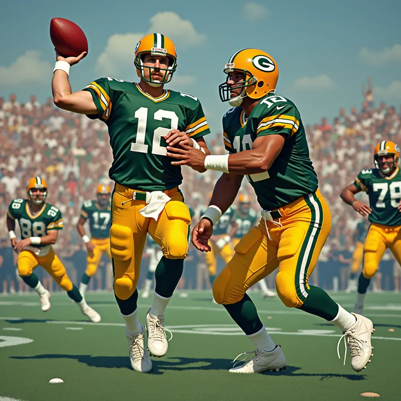 Legendary Packers - A dynamic action scene featuring legendary Green Bay Packers players like Brett Favre and Reggie White in their prime, performing iconic plays on the field, captured in vintage uniforms amidst a roaring crowd. - AI image generated with Photorealistic 2 - Van Gogh