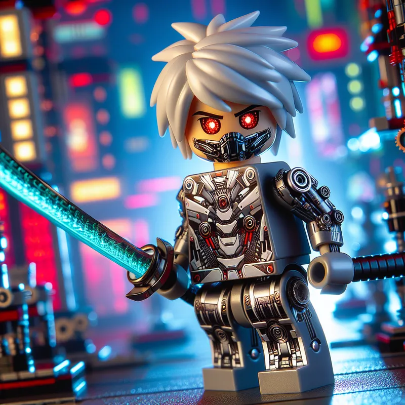 Lego Cyborg Boy with Katana - a lego boy with white hair and red shiny eyes and with robot armor covering his whole body except hi hade and with katana - AI image generated with DALL-E 3