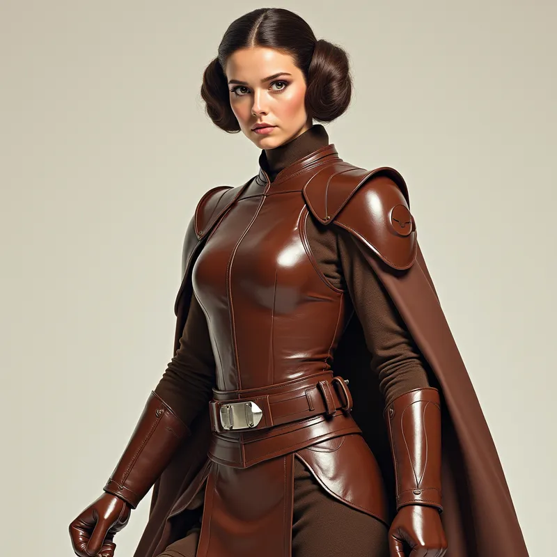 Leia Warrior Stance - A powerful portrait of Princess Leia from Star Wars, standing in a dynamic, battle-ready pose. She wears oversized, stiff, and glossy brown leather armor and matching shiny leather riding boots. Her brown leather gloves are large and rigid. Leia gazes passionately and dominantly at the viewer, exuding both elegance and strength. - AI image generated with Photorealistic 2