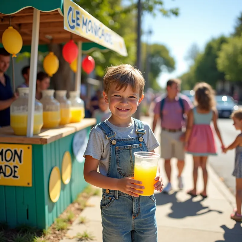 Lemonade Stand Grand Opening - A young boy excitedly sets up his lemonade stand on a sunny day, with colorful signs and a well-decorated booth, as the first few customers arrive. - AI image generated with Photorealistic 2
