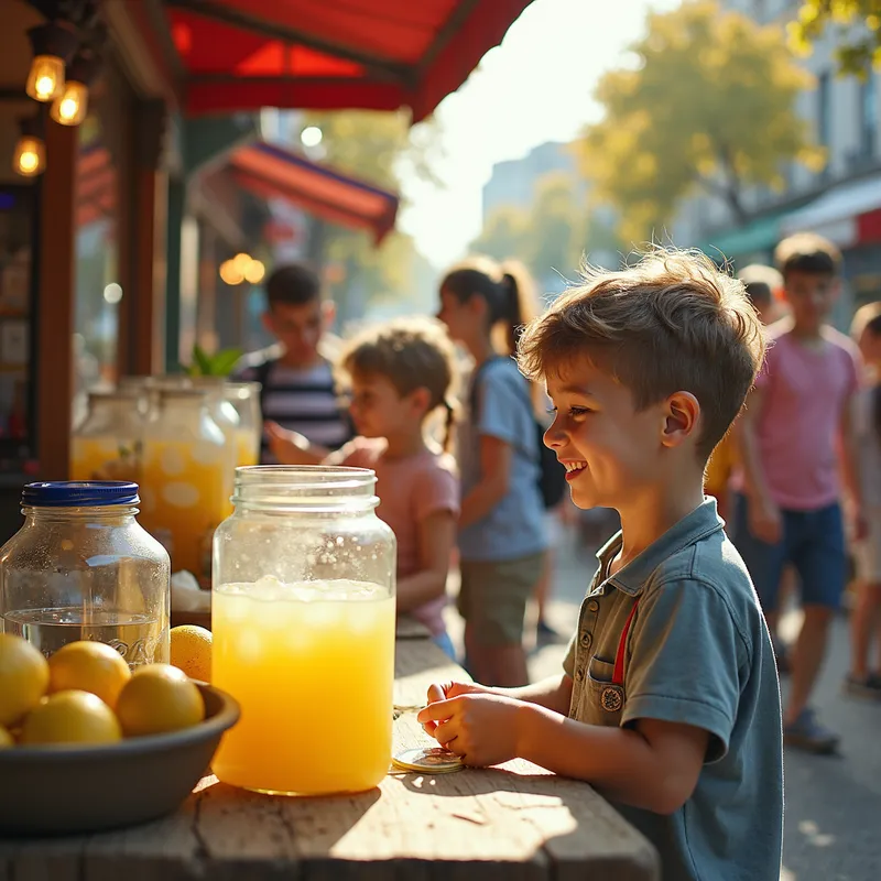Lemonade Stand Success - The boy happily counting money at his lemonade stand, now bustling with activity, as more people line up and enjoy the refreshments. - AI image generated with Photorealistic 2