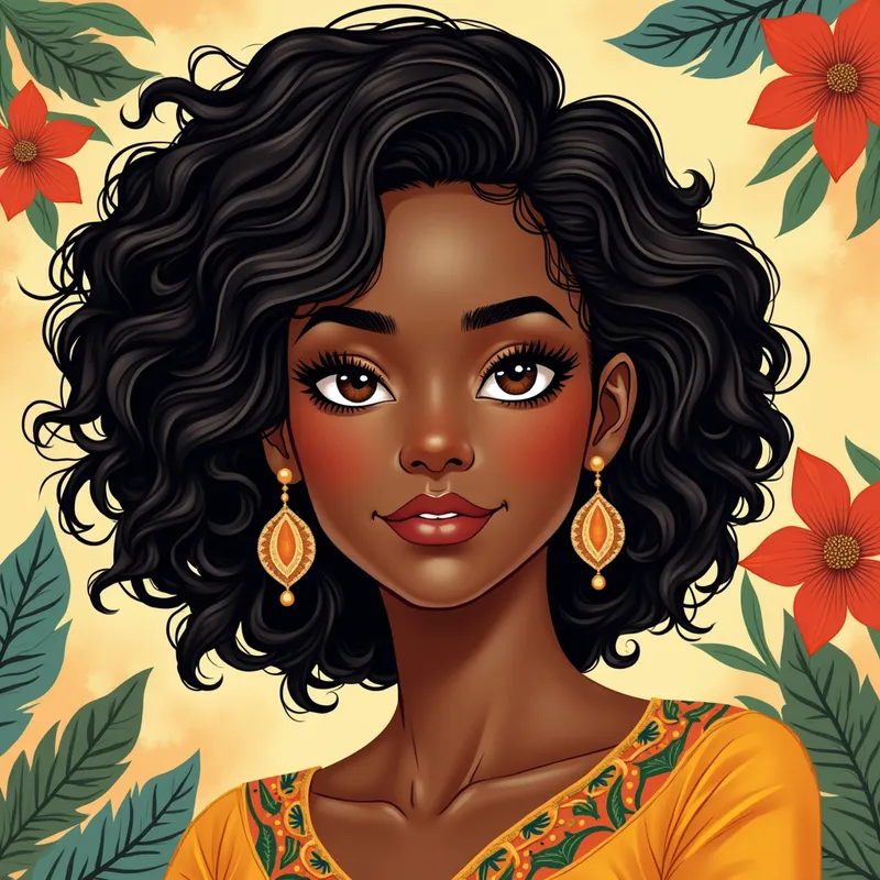 Leo in July - A vibrant depiction of a 38-year-old woman, 5'2" tall with wavy hair. Her features reflect her diverse African American, Native American, and Mexican ancestry. The background blends Leo zodiac elements with summery themes of July. - AI image generated with Photorealistic 2