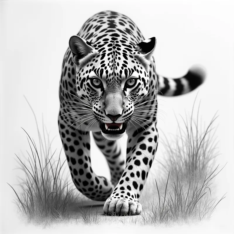 Leopard Hunting: Grayscale Pencil Art - grayscale detailed realistic pencil drawing of a leopard hunting coming forward - AI image generated with Photorealistic 2