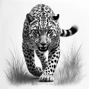 Leopard Hunting: Grayscale Pencil Art
