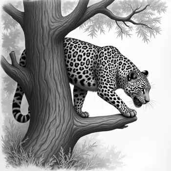 Leopard Stalking from Tree in Grayscale