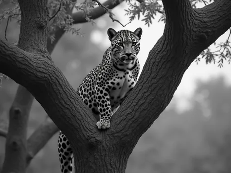 Leopard in Tree: Grayscale Realism