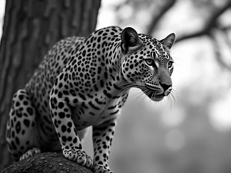 Leopard in Tree: Grayscale Realism