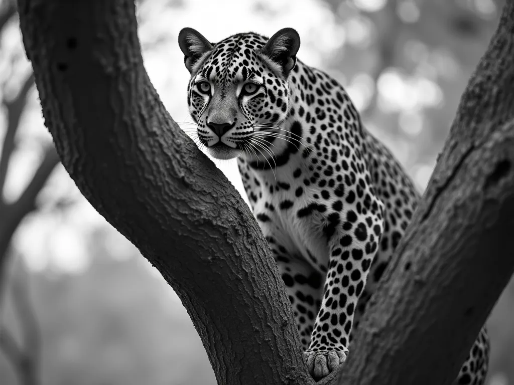 Leopard in Tree: Grayscale Realism - grayscale detailed realistic image of a leopard in a tree - AI image generated with Photorealistic 2