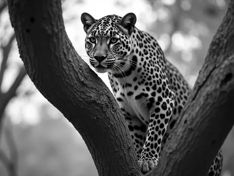 Leopard in Tree: Grayscale Realism