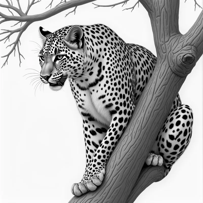 Leopard in Tree Pencil Drawing - realistic pencil drawing of a leopard in a tree - AI image generated with Photorealistic 2