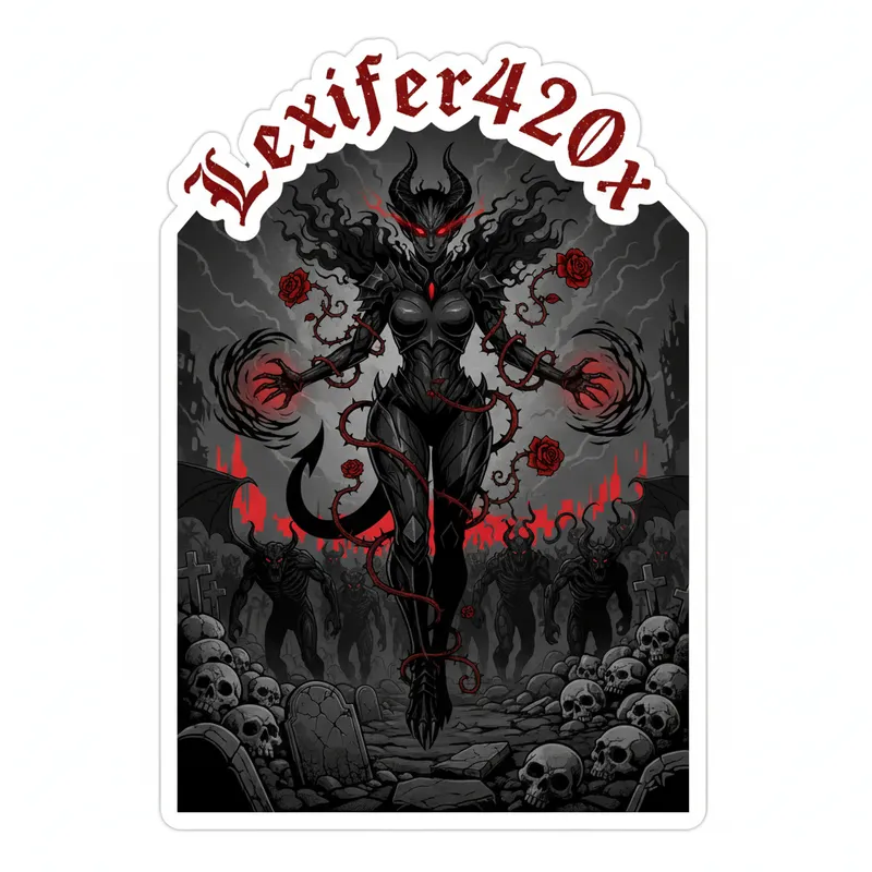 Lexiifer420x Graveyard Empress - A dark, vector-art style image of a female demon with menacing red eyes, entwined with spiky, blood-red roses. She commands an army of evil entities amidst crumbling tombstones and heaps of skulls. The phrase 'Lexiifer420x' arches above in a circle sticker format. - AI image generated with Nano Banana
