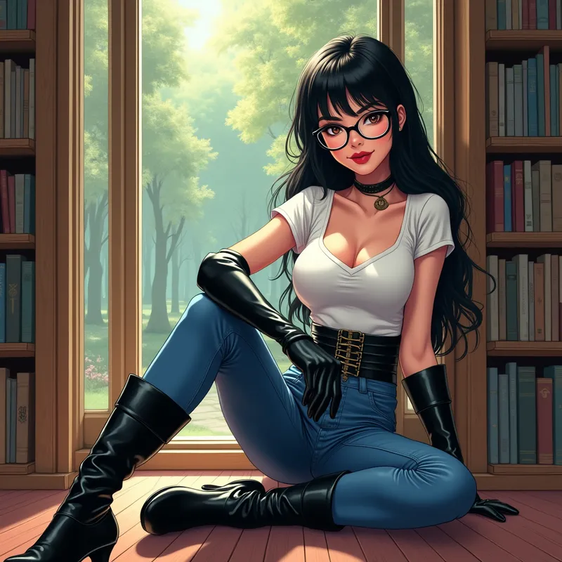 Library Seductress in Riding Boots - A gorgeously drawn Asian woman, manga-style, sits alone in a luminous library with a view onto a calm forest. She has a sexy, charismatic face, dazzling hair, and wears glasses, a plunging white t-shirt, glossy black leather gloves, form-fitting blue jeans, and tall shiny black leather boots. Her arms are crossed beneath her bust as she looks flirtatiously into the camera, a sly smile decorating her face. The image is rich in color and detail, with a ground-level view focusing on her iconic boots. - AI image generated with Photorealistic 2