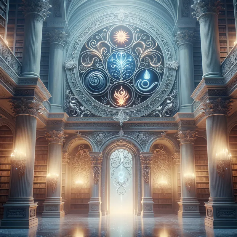 Library of the Elements - An enchanting library bathed in soft, ethereal light, featuring ornate architecture. Above the entryway, intricate elemental symbols intertwine, creating a doorway that seems to beckon the seeker of knowledge. - AI image generated with Art