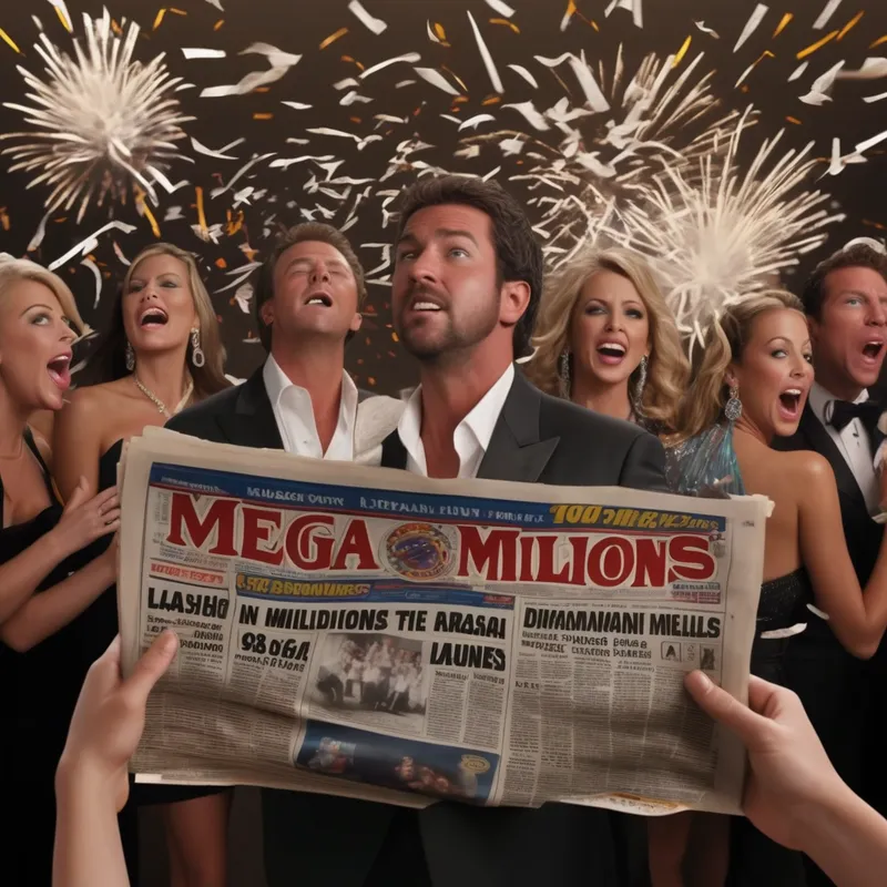 Life Changes Overnight - A dramatic sequence resembling a movie trailer, showing lavish parties, media flashes, and newspaper headlines, with dynamic narration and energetic background music highlighting the impact of winning the Mega Millions lottery. - AI image generated with Stable Diffusion XL
