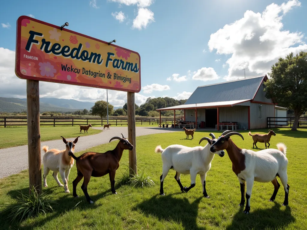 Life at Freedom Farms - A dynamic view of a farm with Boer goats interacting and playing. The centerpiece of the image is a colorful sign with the text 'Freedom Farms New Zealand' situated near a charming barn. - AI image generated with Photorealistic 2