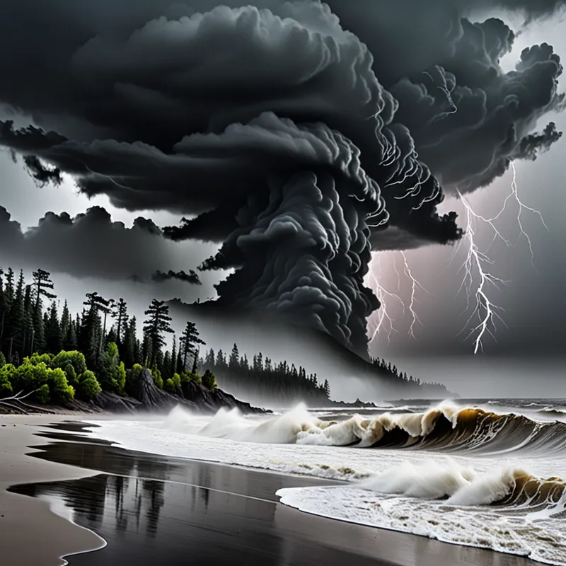 Lightning-Battered Haunted Shore - Towering black storm clouds dominate the sky, heavy rain falling in thick streams and lightning illuminating the scene. Wild waves batter an isolated island with a shoreline of gray sand. A foreboding forest of black, leafless trees sits atop the island, shrouded in mist. - AI image generated with Fictional