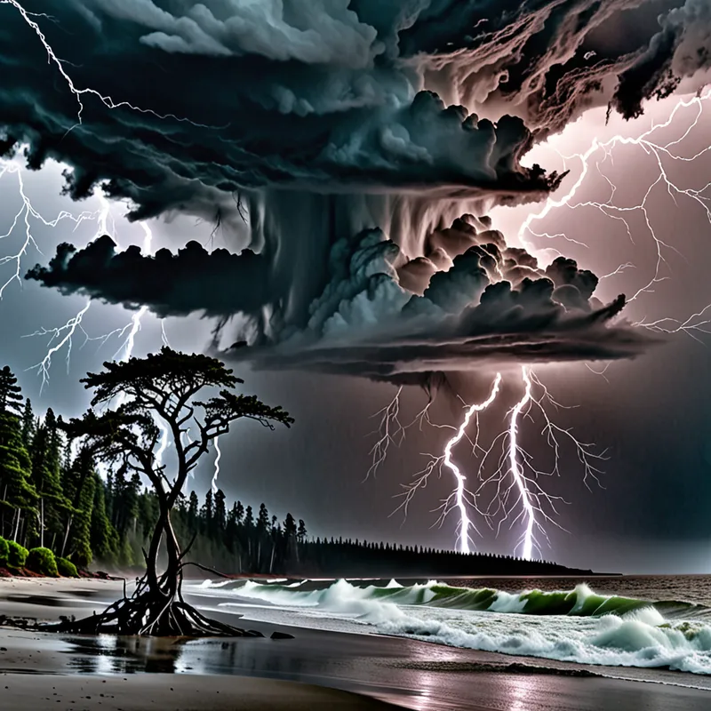 Lightning Over the Forsaken Island - A vivid display of lightning splits a stormy sky filled with torrents of rain. In the churning sea, an island with a desolate gray-sand shore and a forest of tall, ghostly black trees stands foreboding. - AI image generated with Fictional