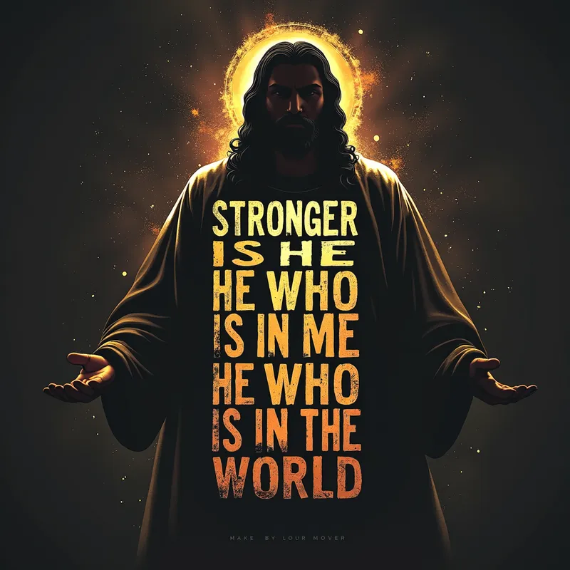 Light of Faith Attire - Design for clothing centered around the phrase 'Stronger is he who is in me, Than he who is in the world'. The design features a large silhouette of Jesus with the words glowing inside, representing inner divine power. - AI image generated with Text