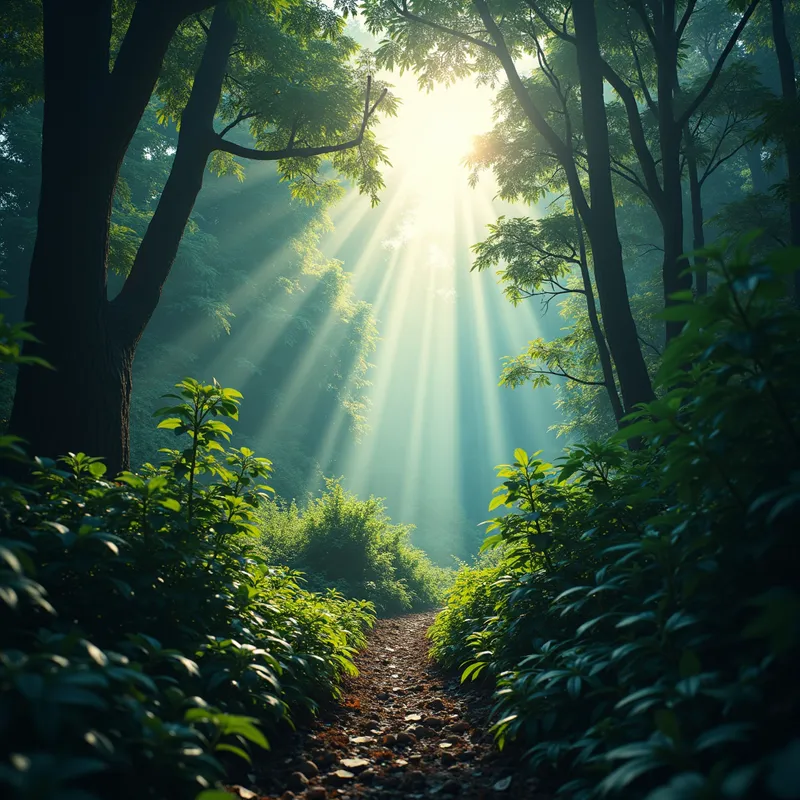Light of Success - A distant horizon filled with a clear light shining through the jungle, representing success and guidance after overcoming challenges in a tech-infused environment. - AI image generated with Photorealistic 2