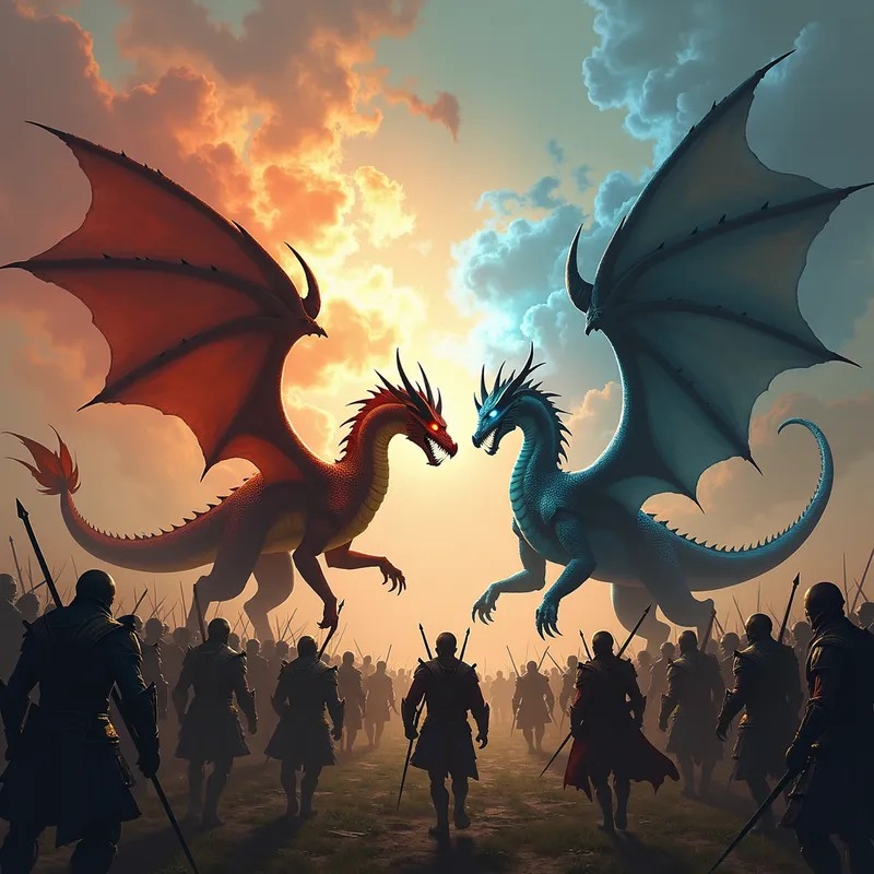 Light vs Dark Dragons on Battlefield - two dragons fighting on a battlefield of soliders one dragon is a light dragon one is a darkness dragon of pure evil and a little undead looking - AI image generated with Photorealistic 2 - panoramic view
